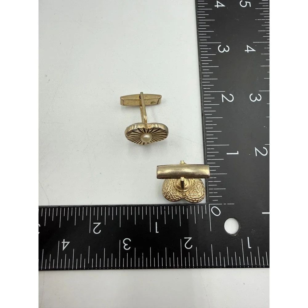 Vintage Gold Tone Heart Faux Pearl Sunburst Textured Cufflinks Toggle Back